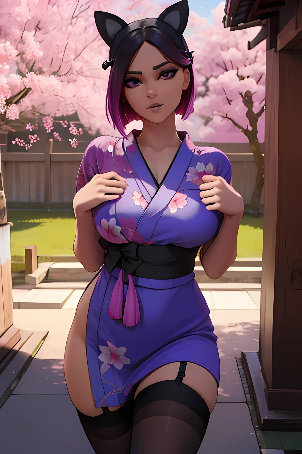 lince, japanese yukata dress with velvet stockings, night cherry tree , Extremadamente detallado, rostro detallado ,hermoso rostro, ojos finos, mirando al espectador, pose femenino.