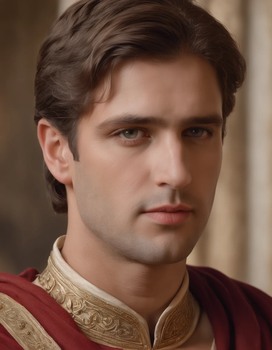 (best quality,4k,8k,highres,masterpiece:1.2),ultra-detailed,(realistic,photorealistic,photo-realistic:1.37),A dramatic portrait of Constantine the Great, the emperor of the Roman Empire, whose destiny shaped the fate of the world. The protagonist is depicted with profound detail, showcasing his charismatic presence as a ruler. The artwork is rendered in the medium of an oil painting, capturing the richness and depth of the historical era. The protagonist's eyes, reflecting determination and wisdom, are meticulously detailed. His lips are beautifully shaped, hinting at a calm and confident demeanor. The painting exhibits ultra-detailed features, with emphasis on the realistic rendering of the face and body. The lighting is carefully crafted, with studio lighting techniques applied to accentuate the subject's noble features. The colors are vivid and vibrant, enhancing the overall composition. The scene is set in the majestic backdrop of ancient Rome, with architectural elements and historical details to provide authenticity. The artwork exudes an air of grandeur and gravitas, capturing the essence of historical romance.