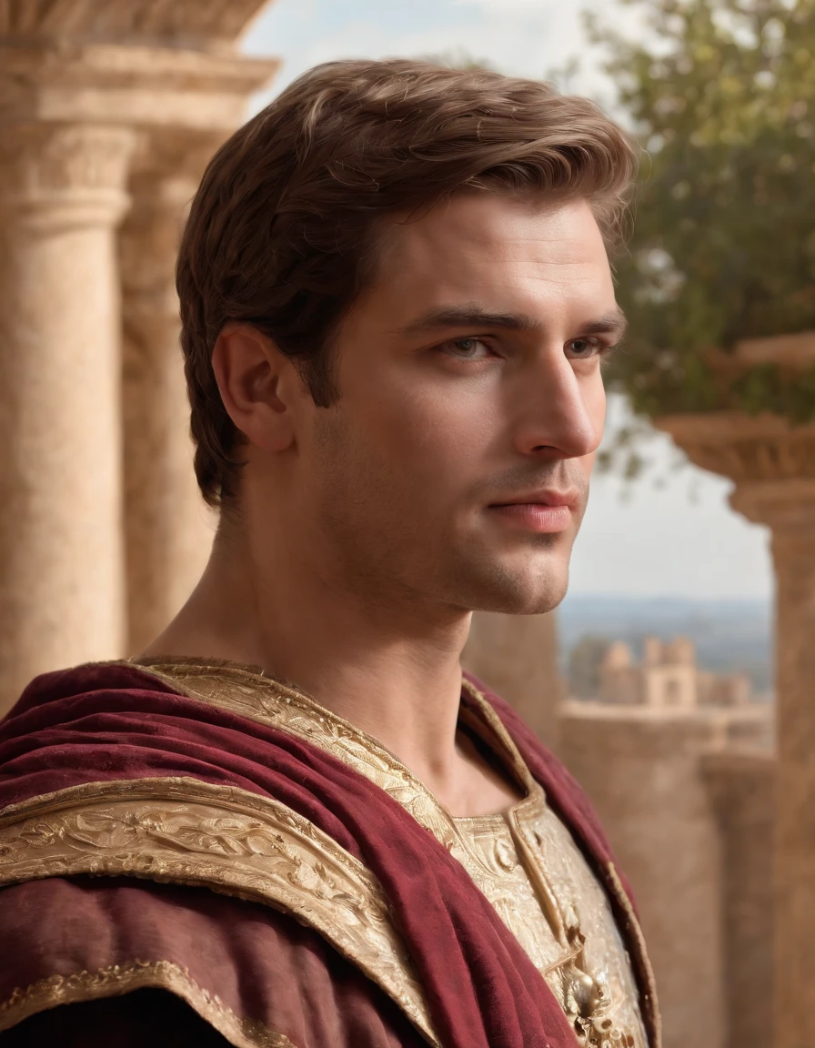 (best quality,4k,8k,highres,masterpiece:1.2),ultra-detailed,(realistic,photorealistic,photo-realistic:1.37),A dramatic portrait of Constantine the Great, the emperor of the Roman Empire, whose destiny shaped the fate of the world. The protagonist is depicted with profound detail, showcasing his charismatic presence as a ruler. The artwork is rendered in the medium of an oil painting, capturing the richness and depth of the historical era. The protagonist's eyes, reflecting determination and wisdom, are meticulously detailed. His lips are beautifully shaped, hinting at a calm and confident demeanor. The painting exhibits ultra-detailed features, with emphasis on the realistic rendering of the face and body. The lighting is carefully crafted, with studio lighting techniques applied to accentuate the subject's noble features. The colors are vivid and vibrant, enhancing the overall composition. The scene is set in the majestic backdrop of ancient Rome, with architectural elements and historical details to provide authenticity. The artwork exudes an air of grandeur and gravitas, capturing the essence of historical romance.