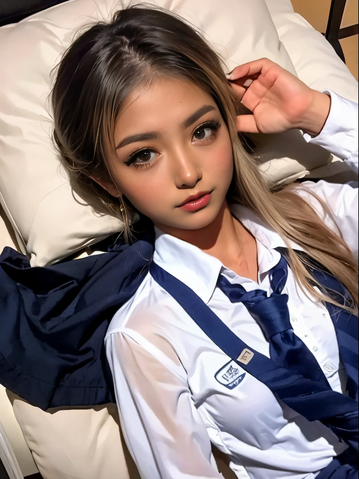 1 girl、(Lying down、Japanese girl showing off her panties:1.1)、((Sleep on your back:1.4))、Lips parted、Facial expression lines、Wet Panties、Small panties、Realistic、((school uniform:1.4))、tights、skirt、Realistic skin texture、Realistic、(Upskirt、skirtめくり)、highest quality、masterpiece:1.3、Ultra-high resolution、View from below:1.9、Crotch close-up:2.08、Embarrassed look、((Spread your legs:1))、((Look Viewer:1.4))、The most beautiful girl in the world、Bold Pose、