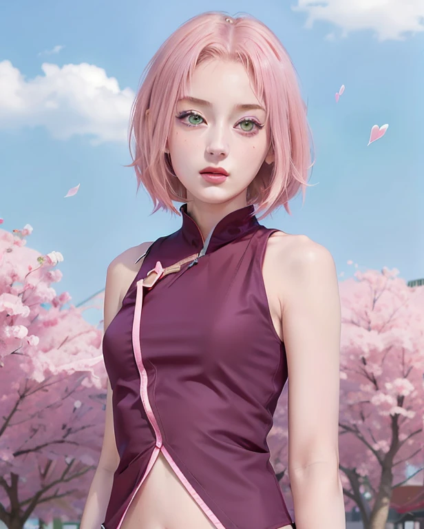 young woman, short shoulder-length pink hair, wide forehead, porcelain skin, pink eyebrows, big emerald green eyes, buttoned nose, full lips, heart-shaped face, slender body, small breasts, red tank top, Sakura Haruno , realistic, realism, details, 3d, well detailed
