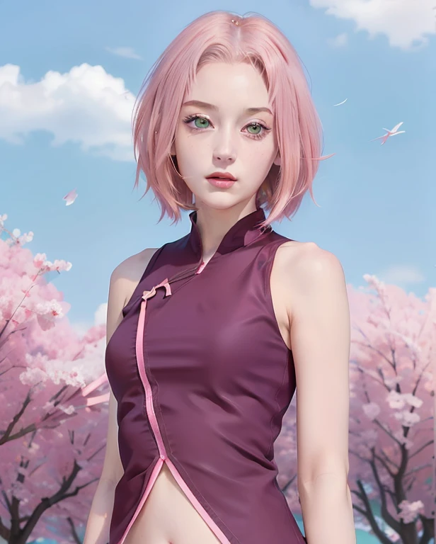 young woman, short shoulder-length pink hair, wide forehead, porcelain skin, pink eyebrows, big emerald green eyes, buttoned nose, full lips, heart-shaped face, slender body, small breasts, red tank top, Sakura Haruno , realistic, realism, details, 3d, well detailed