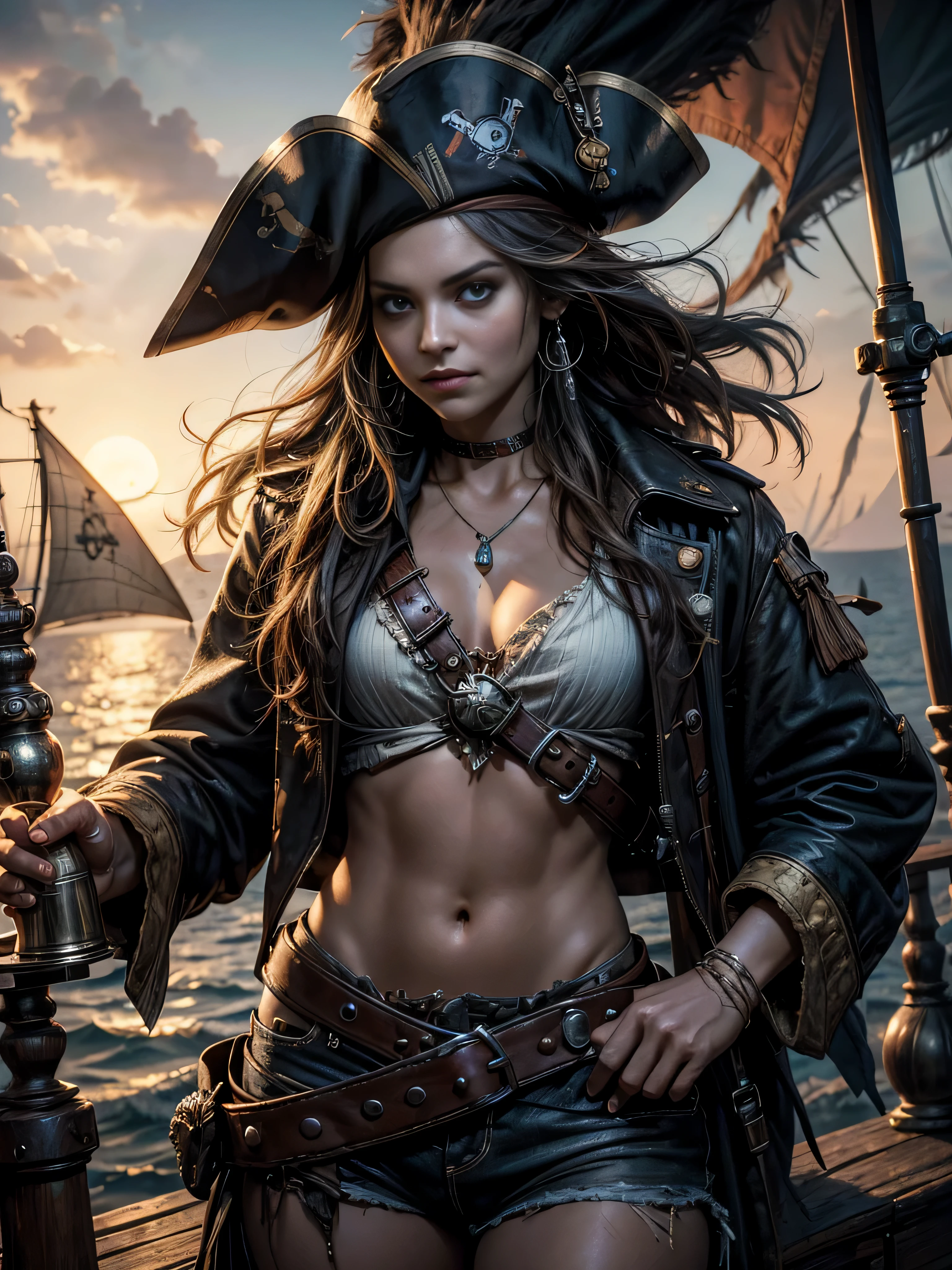 In a classic scene from a Caribbean pirate movie featuring a young girl wearing captain jack sparrow's outfit, the camera slowly pans across the misty, moonlit deck of a weather-beaten pirate ship. Suddenly, a figure emerges from the shadows, swaggering with a devil-may-care attitude. It's Captain Jack Sparrow, played by a girl, with her iconic smudged eyeliner, tattered pirate garb, and a mischievous grin. She tips her weathered tricorn hat to the moon, raises a flask of rum, and delivers a witty, enigmatic line that encapsulates her roguish charm and unpredictable nature. The scene captures the essence of Captain Jack Sparrow's legendary charisma and sets the tone for the thrilling adventures that follow,.(best quality,4k,8k,highres,masterpiece:1.2),ultra-detailed,realistic, HDR,UHD,studio lighting,ultra-fine painting,sharp focus,physically-based rendering,extreme detail description,professional,vivid colors,bokeh, portraits,psychological,