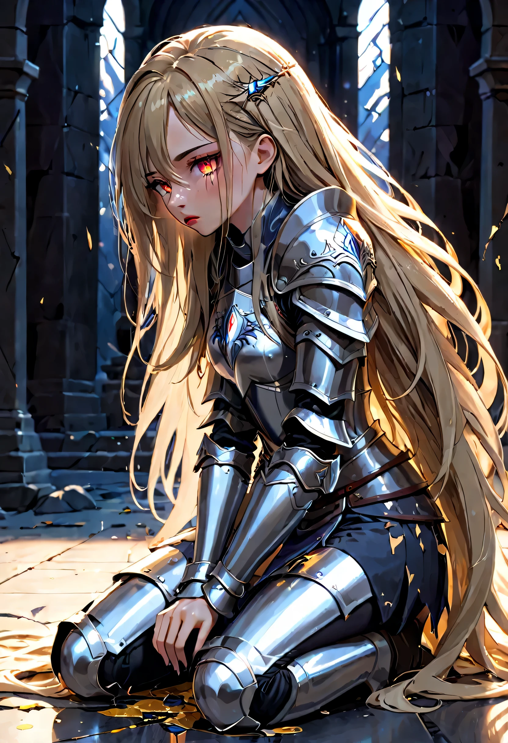 A girl, wearing a simple armor, shattered, armor is broken, simple broken sword, she is kneeling on the floor, she is sad, tears, ultra long hair, Long eyelashes, ultra detailed face, glowing lips, glowing eyes, campfield