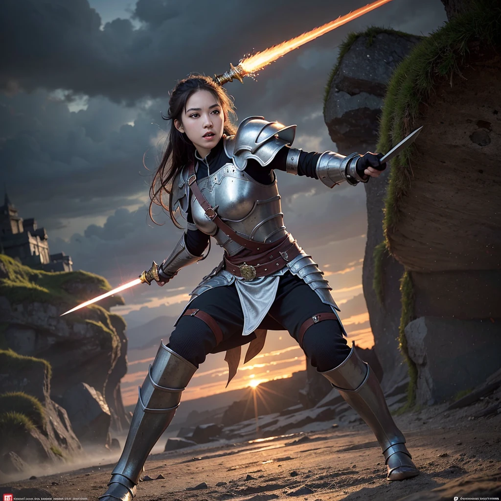 high-res, detailed illustration, fantasy theme, warrior, armor, sword, intense battle scene, dynamic pose, dramatic lighting, magical effects, mystical background, epic artwork