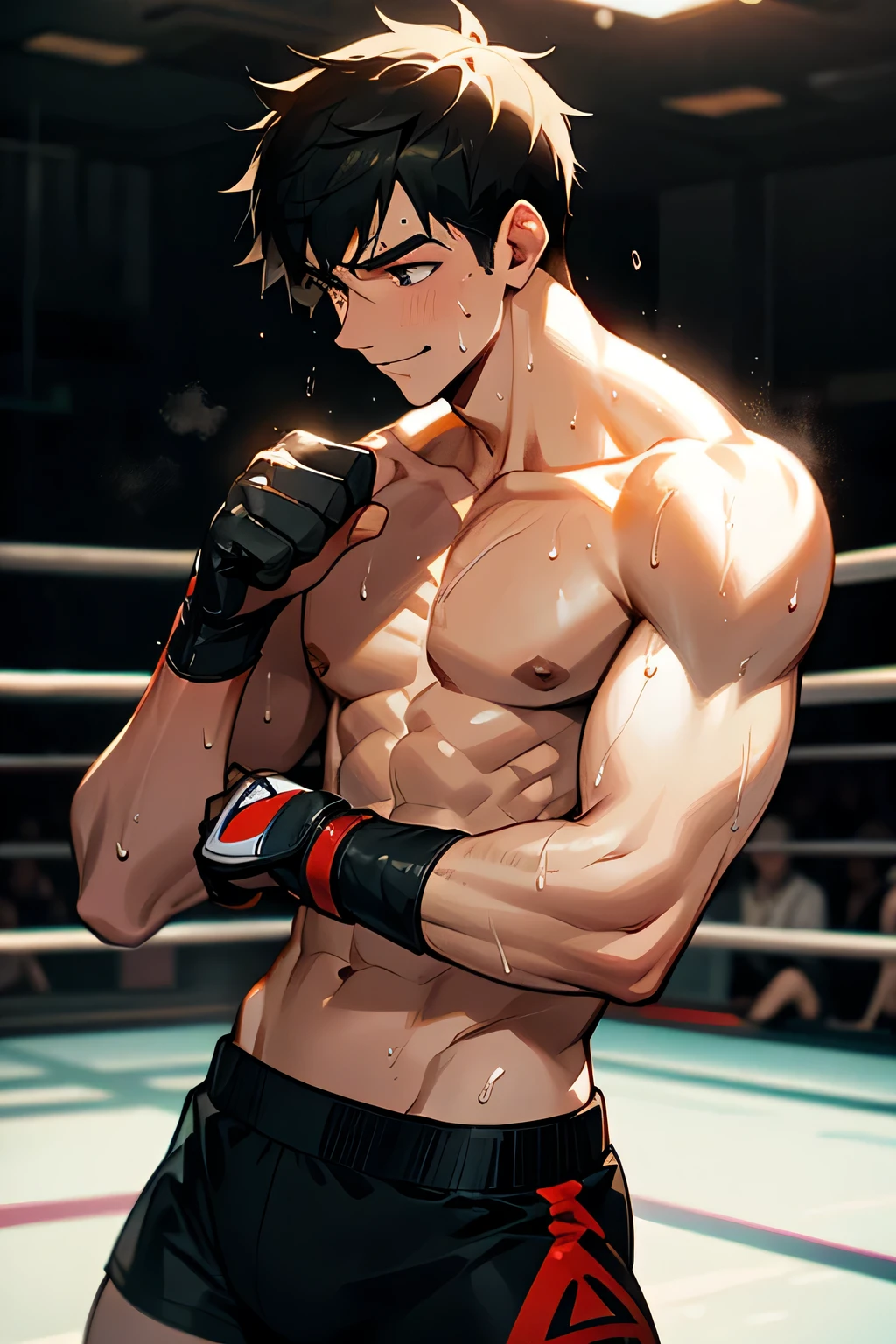 shirtless handsome manly short black hair caucasian male mma fighter, mma gloves, mma shorts, sweat-drenched, soaking wet, drenched with sweat, sweating profusely, smiling, inside the ring