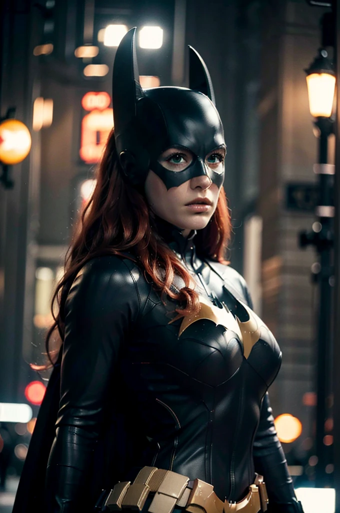 beautiful detail, best quality, 8k, highly detailed face and skin texture, high resolution, big tits red hair batgirl on street at night, darkest atmosphere, sharp focus