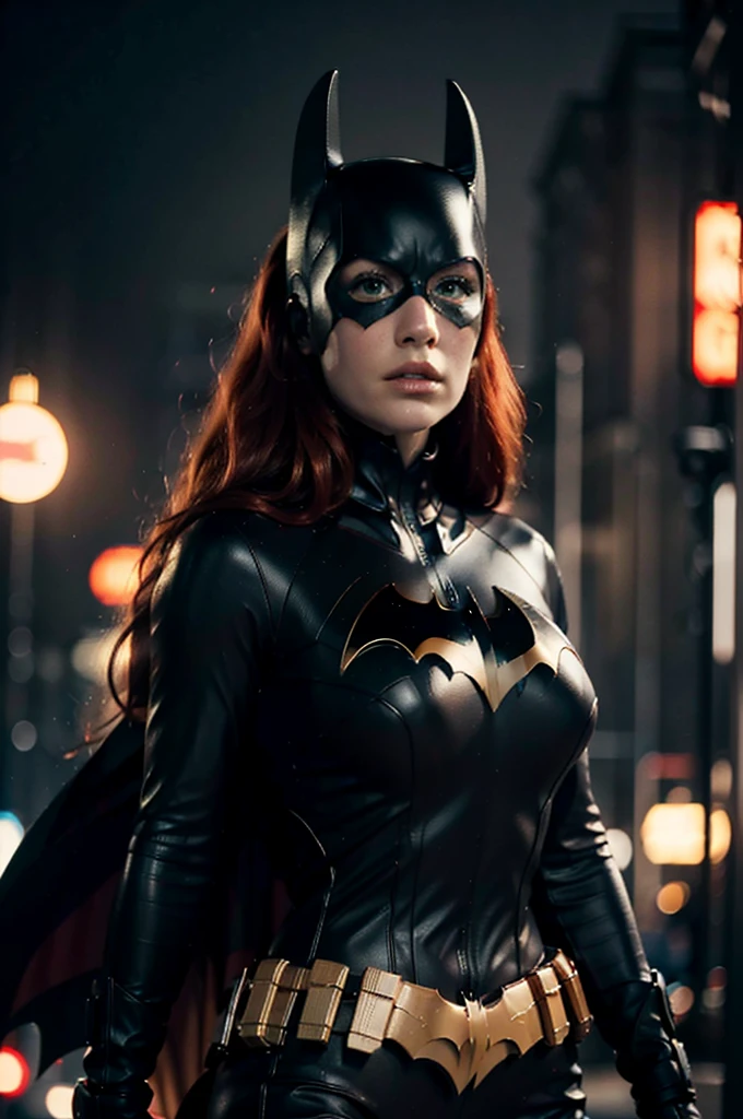 beautiful detail, best quality, 8k, highly detailed face and skin texture, high resolution, big tits red hair batgirl on street at night, darkest atmosphere, sharp focus