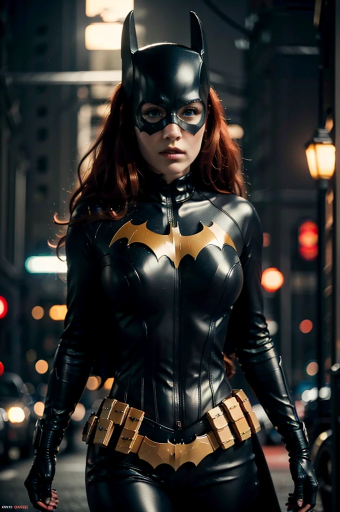 beautiful detail, best quality, 8k, highly detailed face and skin texture, high resolution, big tits red hair batgirl on street at night, darkest atmosphere, sharp focus