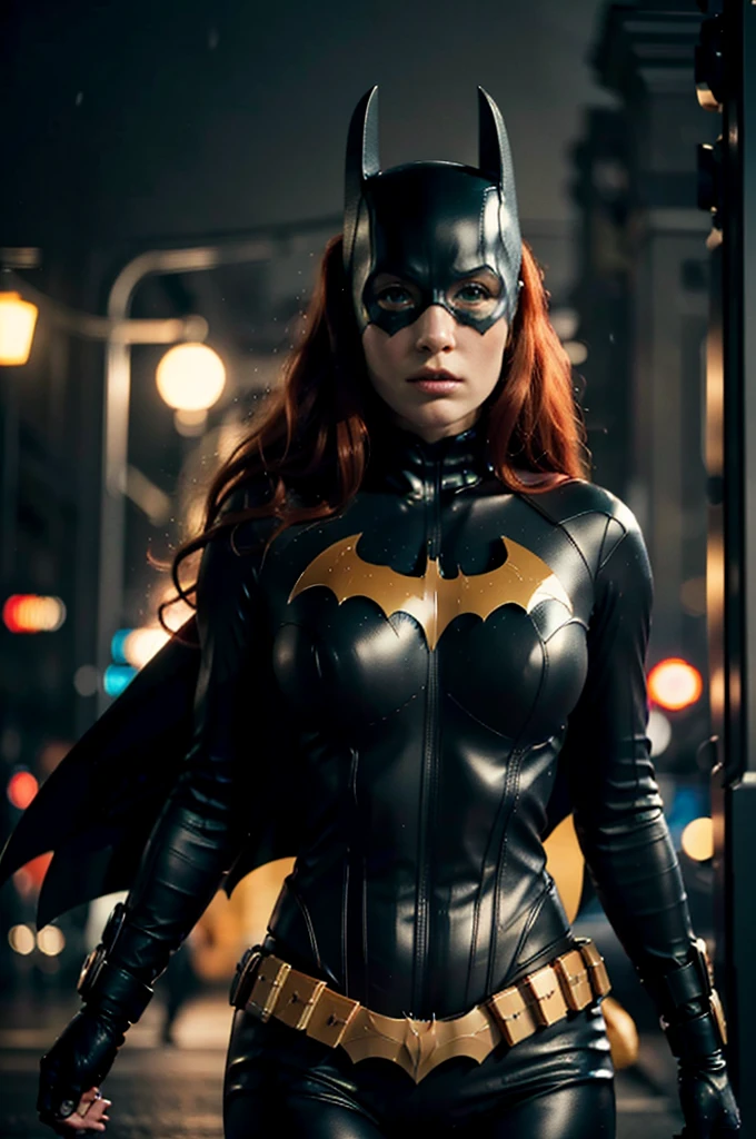 beautiful detail, best quality, 8k, highly detailed face and skin texture, high resolution, big tits red hair batgirl on street at night, darkest atmosphere, sharp focus