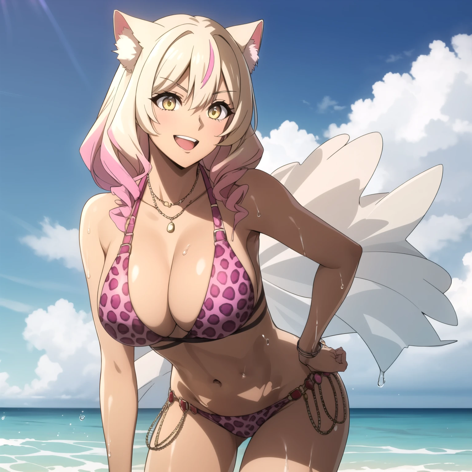 orejas de gato, 28 year old woman blonde hair with pink tips, orejas de gato, yellow eyes like amber, piel morena, piel bronceada. piel grasa, pechos grandes , pink leopard print bikini, accesorios, sonrisa, fondo una playa, cuerpo completo. manos perfectas. piel morena. orejas de gato. gotas de agua en su pecho, sonrisa lasciva. cabello largo