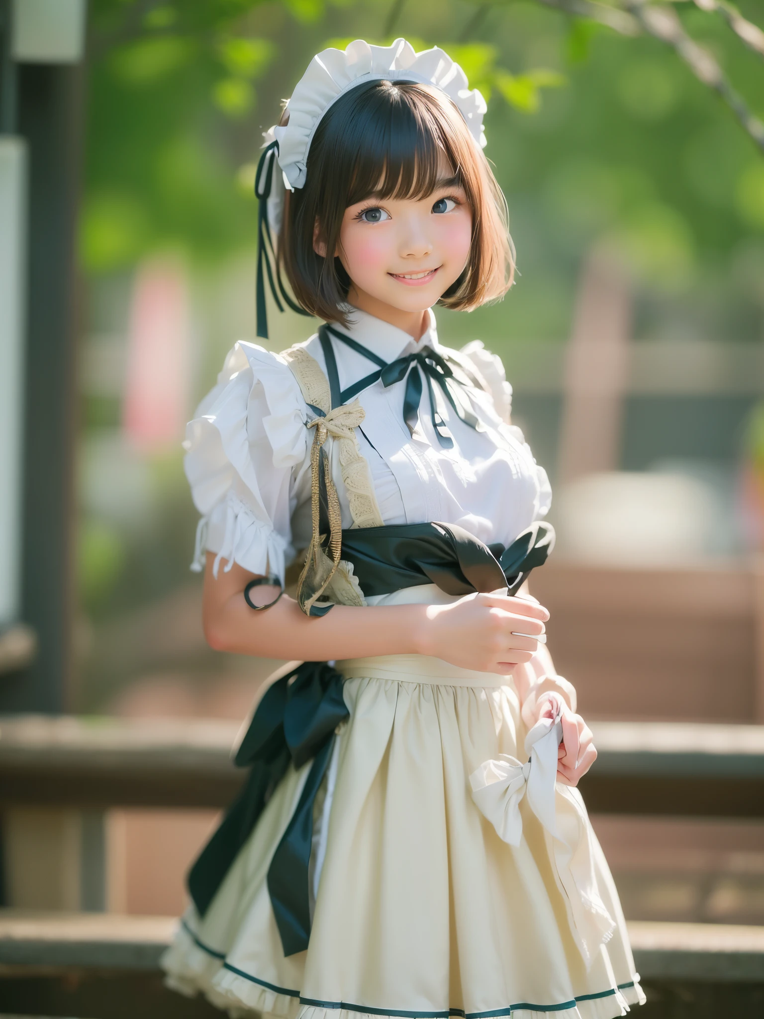 ((sfw:1.4)), ((sfw, extra short hair, sidelocks-hair, 1Girl)), Ultra High Resolution, (Realistic:1.4), RAW Photo, Best Quality, (Photorealistic), Focus, Soft Light, (()), ((Japanese)), (( (young face))), (surface), (depth of field), masterpiece, (realistic), wearing highly detailed (( maid clothes with frills and ribbon)), bangs, ((1 girl)),.(smile)