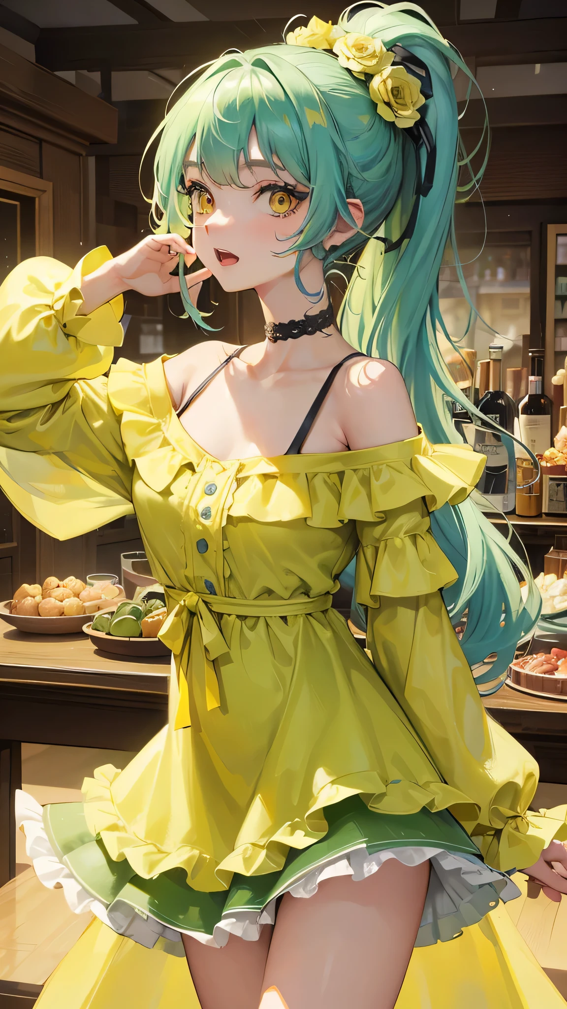 perfect anatomy, masterpiece:1.4, best highres, 16k, (the background is Hot Spring Town), ((background many hot spring with fog)), (in the Souvenir shop,enjoy shopping style), break,  
(wide-angle, frontale:1.2) (solo:1.3 ponytail green hair long hair cute girl), ((15 yo)), (cute yellow eyes), ((beautiful make up)), (sexy smile, open mouth), break, (in a Layered yellow Off-the-shoulder dress with detailed green rose).