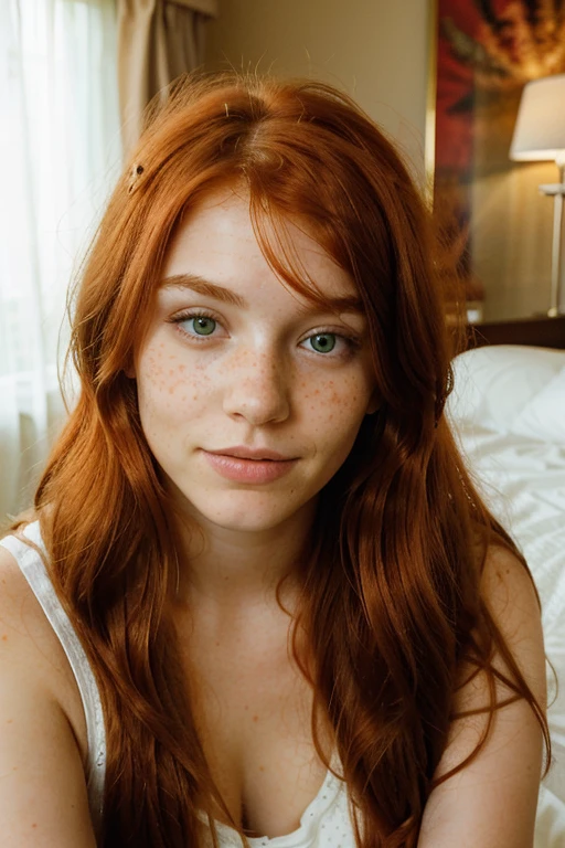 portrait of a young 25 year old girl with long wayed red hair with bags, red hairstyle, green beautiful eyes, with cute and desirable face illuminated by golden-hour sunlight in a hotel room, glowing red hair, with freckles, ultra realistic, 8k, 4k, light freckles, natural skin, textured skin