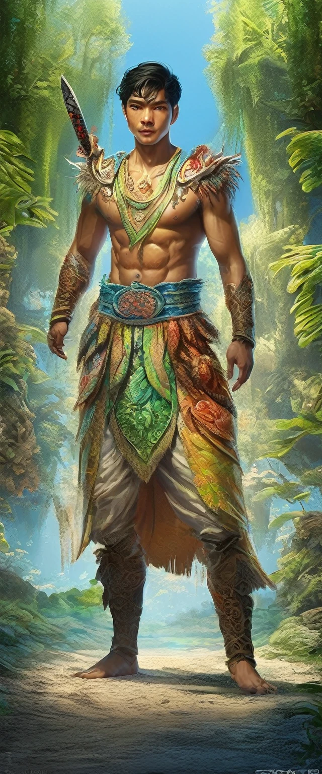 Masterpiece, high quality, delicate, Detailed body, Intricately detailed, ILLUSTRATION,((A young Filipino Juramentado man, with his typical Juramentado clothing:1.7 a sword in his hand and a knife in the other:1.7)), concept art , 4k, Fantasy, overgrown, Beautiful --niji 5, (masterpiece),(Best quality:1.0), (Ultra high resolution:1.0), detailed painting, intricate, (( magical, Beautiful:1.4 )), ((Best quality, vibrant, 32K, well-defined light and shadows)). without text:1.3.