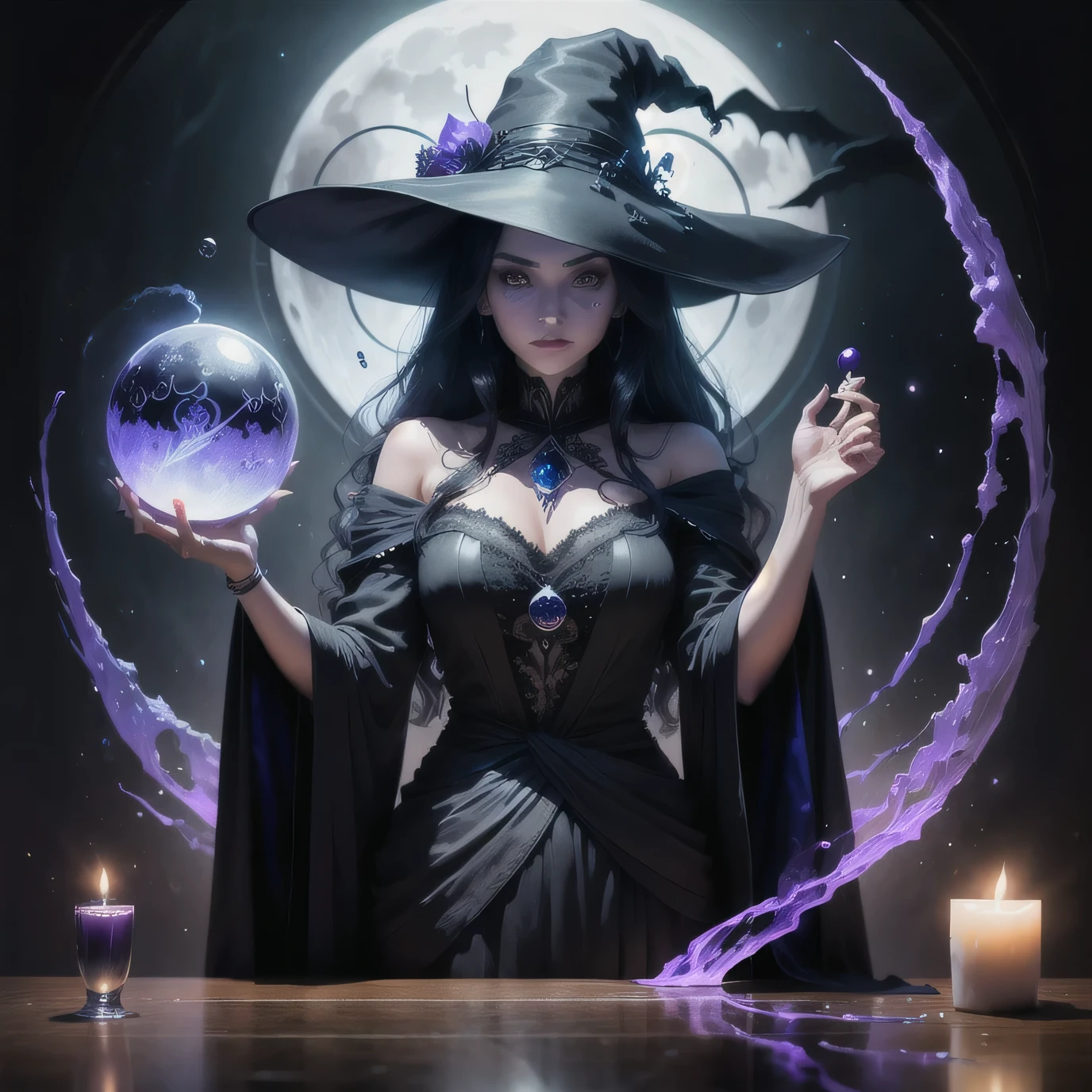 witch covered with a hat and a black suit and long nails holding a crystal ball which hides dark secrets illuminated by violet and blue shadow, on the table there are tarot cards and incense and in the background you can see a giant glass window and the moon full light up the room, overresistance, shadow, light, reflect, moon reflect, 5K, detailed, magical, shocking cartoon  