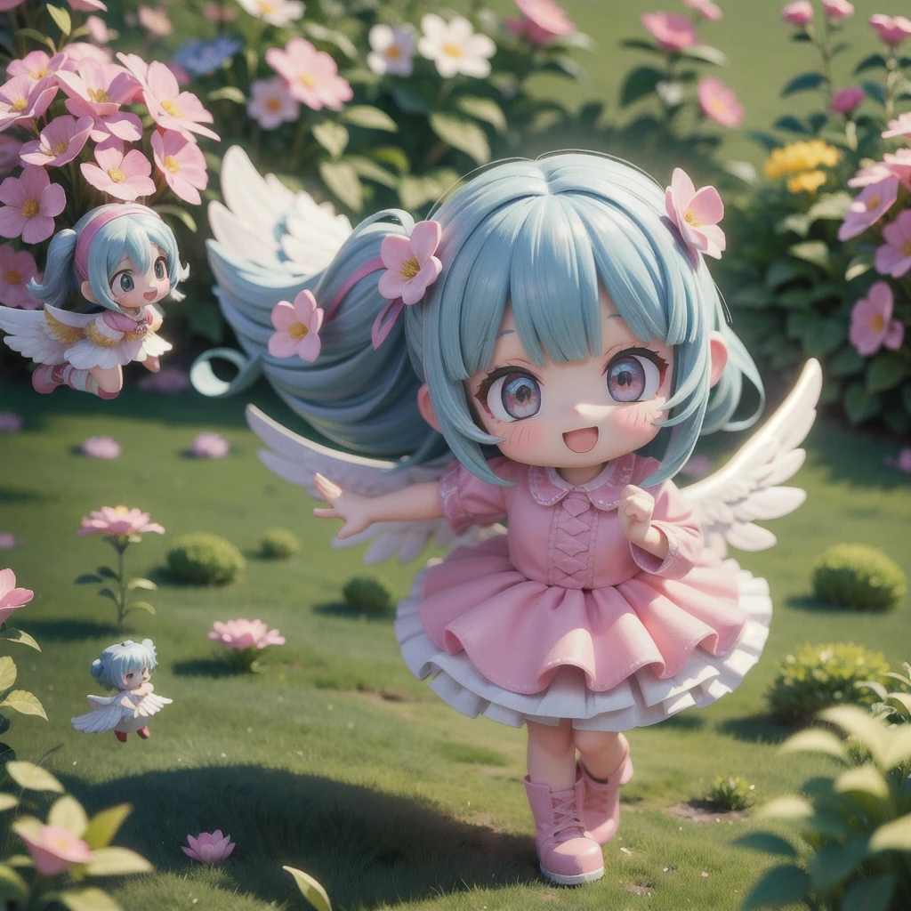 (masterpiece, highest quality, Highest image quality,photorealistic, Raw photo),multiple girls,(girls is angel),((girls with angel's wing,angel halo floats above her head),Angel girls with various hairstyles and haircolors, (nendoroid figure), miniatures,illustration,metal platform boots,very happy smile,mouth open,fluttering skirt,strong wind,whole body,(in garden),dynamic pose,three-dimensional,octane rendering,Perfect face,Collagen texture((flowing hair))