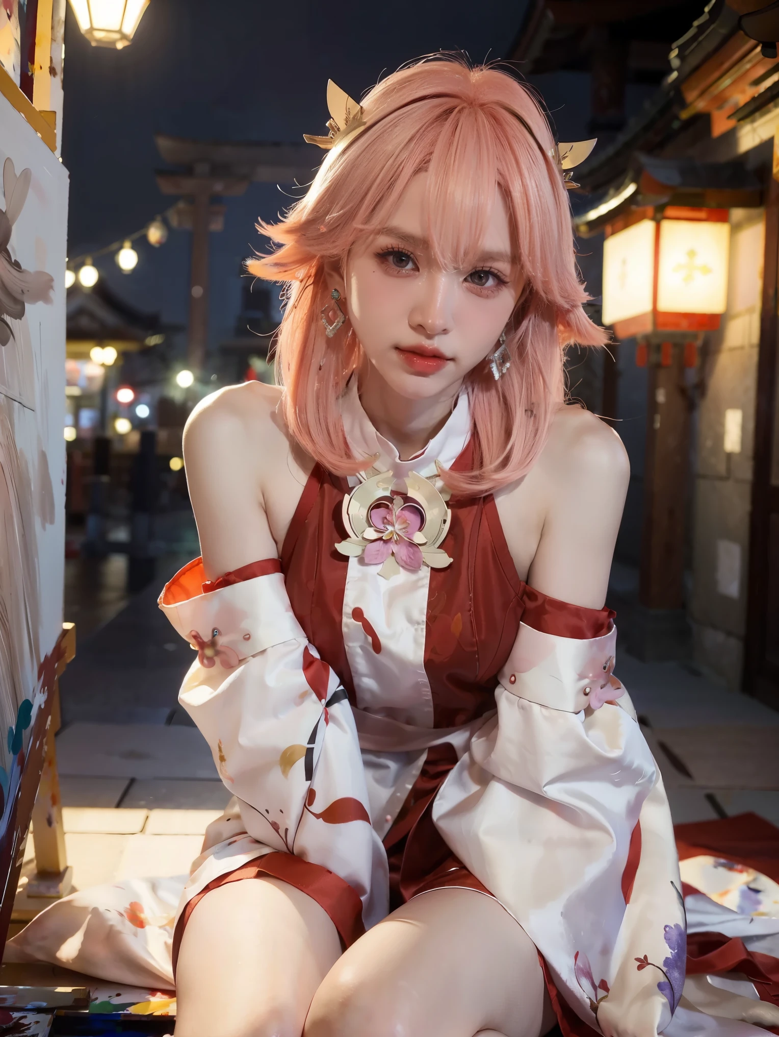 kpop idol, yae miko, detached sleeves, bare shoulders, pink hair, long hair, japanese clothes, best quality, (painting:1.5), (hair ornament:1.35), jewelry, purple eyes, earrings, breasts, torii, cherry blossoms, lantern light, depth of field face focus, ribbon_trim, (looking at viewer:1.25), nontraditional miko, shiny skin, long sleeves, smile, thick lips, hands on lips, east asian architecture, (blurry background:1.2), sitting, upper body,((ultra high res, 8k, RAW photo, best quality, masterpiece:1.47746,realistic:1.4, photo-realistic:1.4,cinematic lighting:1,intricate details:1,raw photo:1))(((ultra-detailed:1.47746))),professional lighting,((physically-based rendering:1)), ((ruddy skin:1,sweat))lens flare,ray tracing ,(extremely detailed face, beautiful detailed eyes,expressive hair:1.5,shiny hair;1)cinematic lighting,(vivid expression) (body muscle:1) solo(1girl:1.5)((smiling:1),(plump figure:1,blance body:1)(realistic hand,realistic clothes)