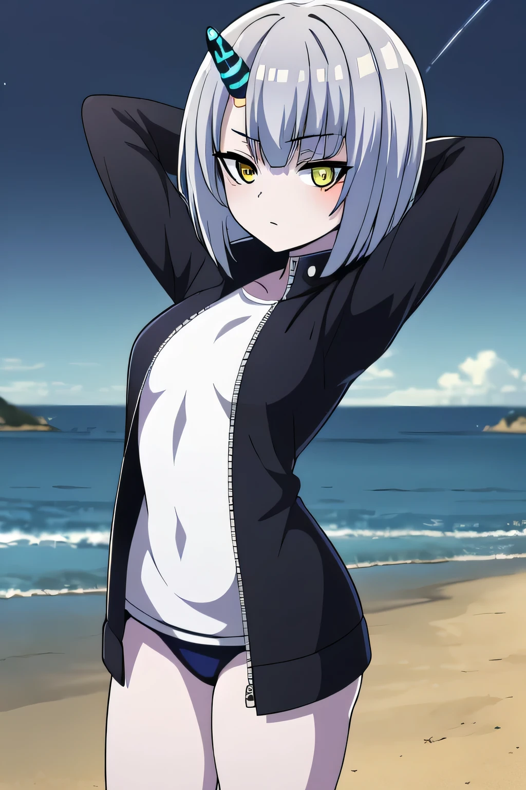(extremely detailed CG unity 8k wallpaper),(masterpiece),(best quality),(ultra-detailed),(best illustration),(best shadow),(absurdres), atar, single horn, horns, yellow eyes, short hair, heterochromia, glowing, colored sclera, grey hair, black sclera, bangs, outdoors, colored skin, hair ornament, hairclip,1girl, solo, night sky, beach, arms behind head, looking at viewer, contrapposto, spread armpits, (cowboy shot:1.5), black jacket