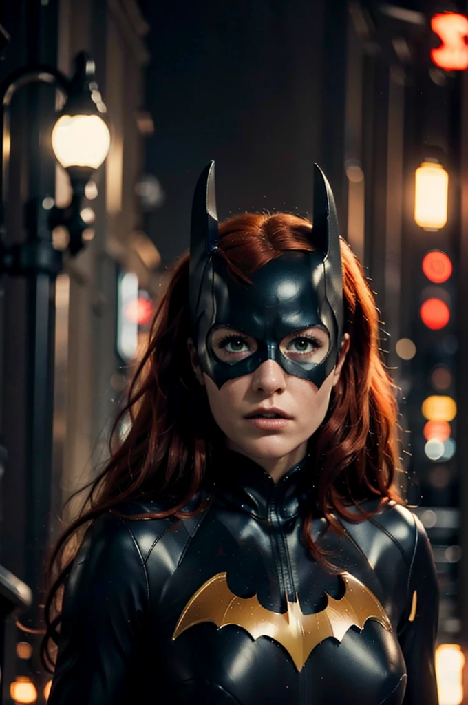 beautiful detail, best quality, 8k, highly detailed face and skin texture, high resolution, big tits red hair batgirl on street at night, darkest atmosphere, sharp focus