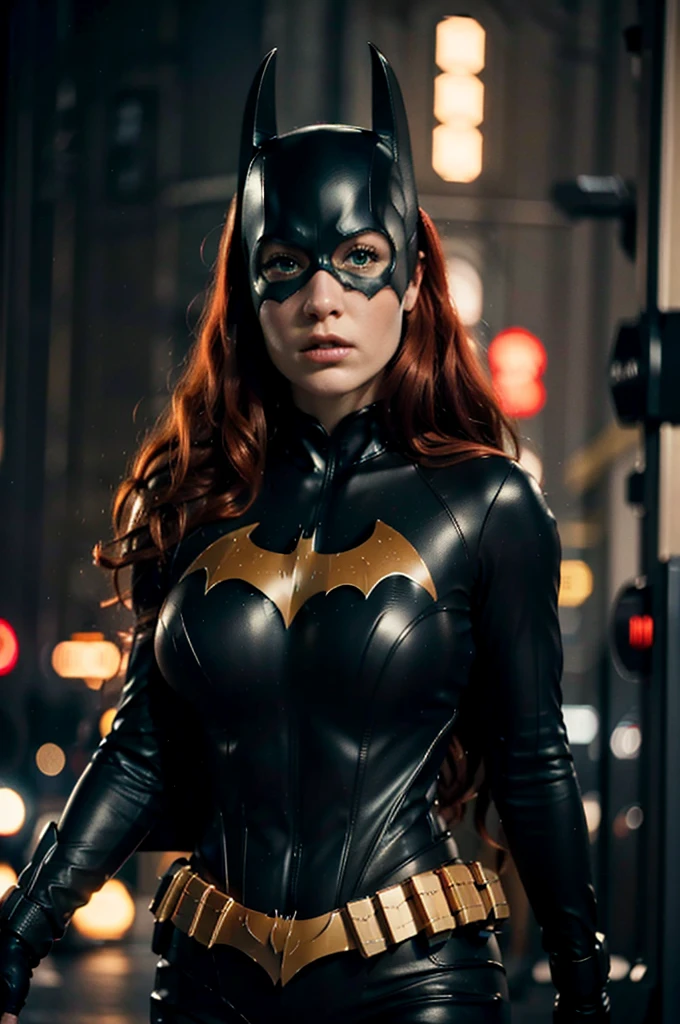 beautiful detail, best quality, 8k, highly detailed face and skin texture, high resolution, big tits red hair batgirl on street at night, darkest atmosphere, sharp focus