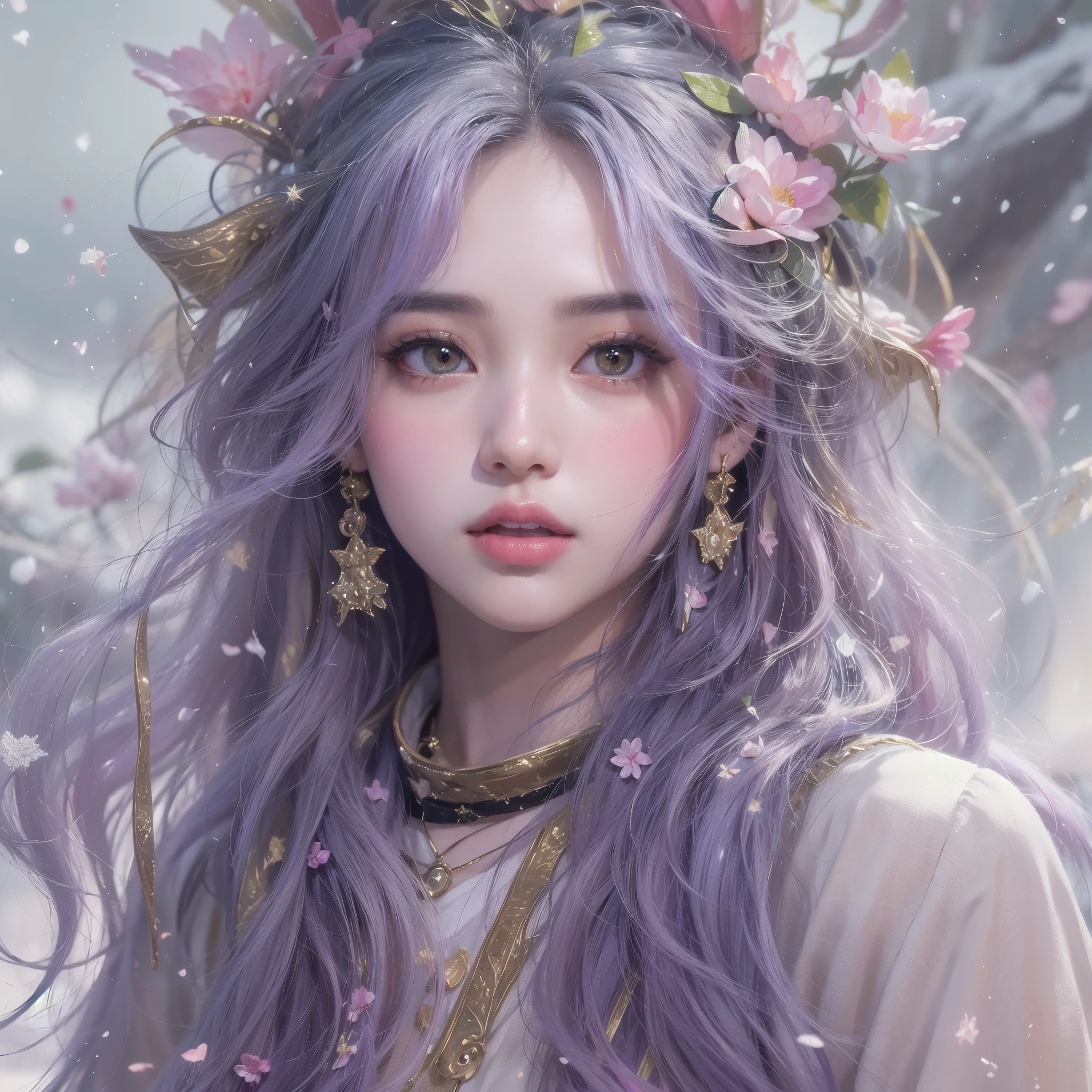 （（（Single eyelid）））Snow hoop exclusion area 32K（tmasterpiece，k hd，hyper HD，32K）Long flowing purple-pink hair，Autumn Pond，zydink， a color， Tongzhou people （Girl with glowing eyes）， （Thin silk scarf）， Side squat position， looking at the ground， long whitr hair， Floating hair， Python headdress， Chinese long-sleeved clothing， （abstract ink splash：1.2）， white backgrounid，Lotus protector（realisticlying：1.4），Purple-pink hair，Snowflakes fluttering，The background is pure， A high resolution， the detail， RAW photogr， Sharp Re， Nikon D850 Film Stock Photo by Jefferies Lee 4 Kodak Portra 400 Camera F1.6 shots, Rich colors, ultra-realistic vivid textures, Dramatic lighting, Unreal Engine Art Station Trend, cinestir 800，Long flowing purple-pink hair，((masterpiece)). This artwork is sweet, dreamy and ethereal, with soft pink watercolor hues and candy accents. Generate a delicate and demure fae exploring a (bubblegum world with a wide variety of pastel shades). Her sweet face is extremely detailed and realistic with elegant features and a fierce expression, and looks like ((((naomi scott)))). Include mature features and stunning, highly realistic eyes. Her eyes are important and should be realistic, highly detailed, and beautiful. In high definition and detail, include lots of details like stars, galaxies, colorful bubbles, colorful petals, and lots of energy and emotion! The stars and colorful bubblegum bubbles are important! Include fantasy details, enhanced details, iridescence, colorful glittering wind, and pollen. Pay special attention to her face and make sure it is beautifully and realistically detailed. The image should be dreamy and ethereal.8k, intricate, elegant, highly detailed, majestic, digital photography