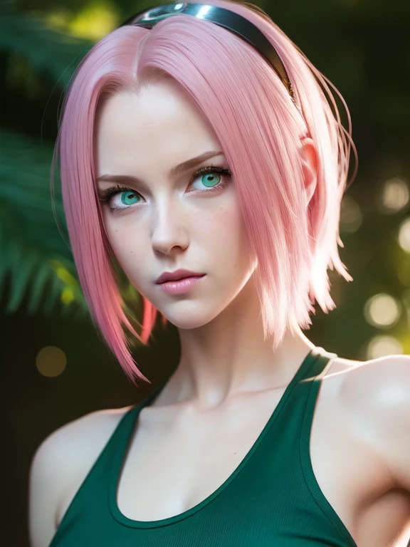 young woman, short shoulder-length pink hair, wide forehead, porcelain skin, pink eyebrows, big emerald green eyes, buttoned nose, full lips, heart-shaped face, slender body, small breasts, red tank top, Sakura Haruno , realistic, realism, details, 3d, well detailed
