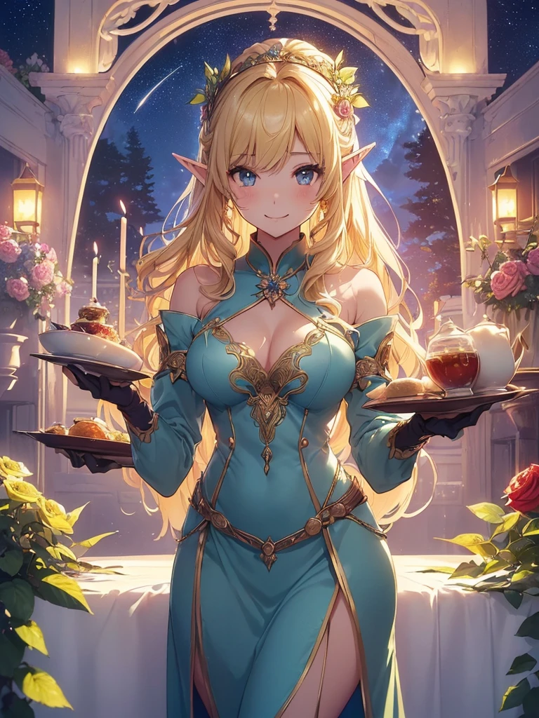 最high quality、Best image quality、masterpiece、Beautiful Face、、Titania、Super beautiful elf girl((22 year old office lady big bust、Bust 90,Beautiful long ironed hair、blonde、height: 165cm。thin、Beautiful dress、Beautiful thighs、cowboy shot,、Esbian、dinner、dinner、Sumptuous cuisine、a lotの食べ物、table、tea、spring、Sunrise、night、star、Milky Way、starrynight.high quality、美しいart、、Pieces fly、ビジュアルart、Depth of written border、flowerの冠、ライトのmagic、universe、Happy smile、gentle lights、Beautiful Forest、、、elegant、ticker beautiful decorative、、、mystery的な Rosa、Rose、 null、art、Lord of the Ring、Spectacular scenery、sexy、A friendly smile、Wonderful nature、universeのmagic、magicのライト、Fantasy、flower、super REALITYa lotのRose、magic、Grow Fantasy、、mysteryのライト、Art Nouveau、Alphonse a lot、、art、art,mystery,UHD,magicalgentle light,sexy