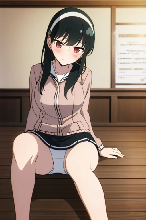 Browsing Caution，(masterpiece, highest quality: 1.2), alone, 1 girl, alone, panties，，black，Sailor suit，blazer，((Skirt flip))，(((panties)))，your heather, blush，かなりEmbarrassing, View audience, Long black hair, head band,  Earrings, , Medium Waist, Medium , wide thighs, Embarrassing, charm, Good move..., Excellent ,panties，classroom，，Sailor suit，blazer， ，