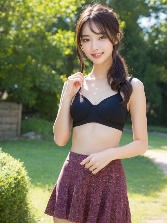 Smile、night、original photography、(((ultimate beauty portrait)))、((sparkling skin))、1 girl、Beautiful 18 year old girl from Prague、bright expression、((brown hair))、((Big eyes sparkling like gems))、、pantyhose、Glowing and radiant skin、(medium hair)、(silk ponytail)、(standing)、(from below)、under skirt、(from below看内衣的特写)、Eyeliner、beautiful bangs、hair between eyes、((​Masterpiece、top quality、Super detailed、movie light、intricate details、high resolution、Very detailed))、background for this、8 kood、digital SLR、soft light、high quality、film grain、富士XT3 、shallow view deep、natural soft light、Kamimei、Above the legs、whole body、 Rear view、Holding a bouquet of flowers