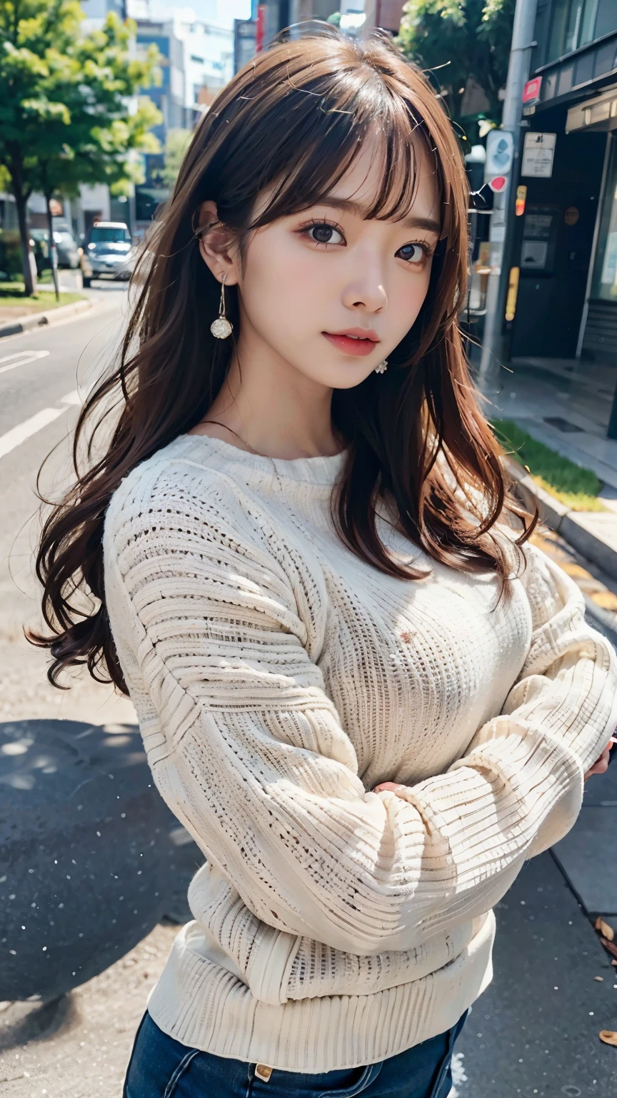 1 girl, Very bright backlight, alone, {Beautiful and detailed eyes},Autumn Day, Calm expression, Natural and soft light, silver hair fluttering in the wind, Delicate facial features, Blunt bangs, Beautiful Japanese Girl, Eye smile, Very small earrings, 29-year-old, ((Model pose)),(Colorful Hair, half red, Half brown hair:1.2), Fluffy grains, Real Hands, masterpiece, highest quality, Realistic, Very detailed, Finely detailed, High resolution,Brown messy hair, Perfect dynamic composition, Beautiful fine details, Asian Girl,((Feeling anxious and embarrassed.)),Sharp focus, beauty mix, Film Girl,smile,(Wearing a sexy oversized knit sweater,meanwhile:1.3),Nice butt,Tight jeans