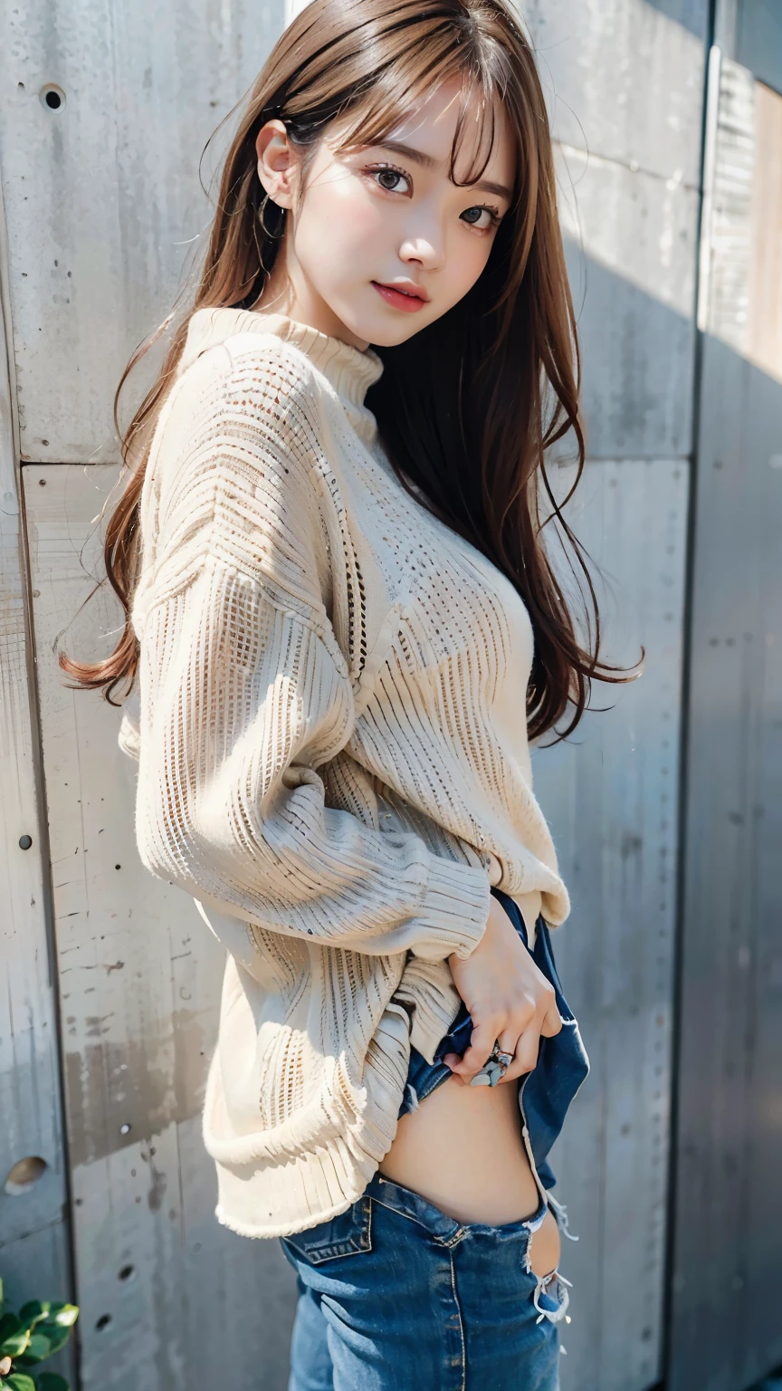 1 girl, Very bright backlight, alone, {Beautiful and detailed eyes},Autumn Day, Calm expression, Natural and soft light, silver hair fluttering in the wind, Delicate facial features, Blunt bangs, Beautiful Japanese Girl, Eye smile, Very small earrings, 29-year-old, ((Model pose)),(Colorful Hair, half red, Half brown hair:1.2), Fluffy grains, Real Hands, masterpiece, highest quality, Realistic, Very detailed, Finely detailed, High resolution,Brown messy hair, Perfect dynamic composition, Beautiful fine details, Asian Girl,((Feeling anxious and embarrassed.)),Sharp focus, beauty mix, Film Girl,smile,(Wearing a sexy oversized knit sweater,meanwhile:1.3),Nice butt,Tight jeans