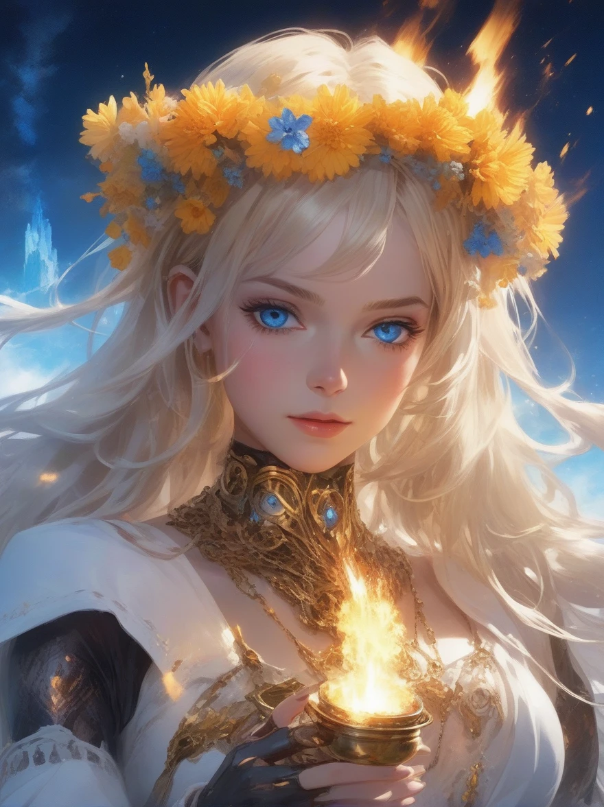 (covered in flowers:1.4), (1girl), blue eyes, night sky, robot joints, (raw flesh:1.3), (blonde hair:1.3), faize, fire and ice, (image split in half with multiple colours:2), (cogs attached to body:1.2), gold plates, blue eyes, sapphire, liquid metal, night sky, (looking at an angle:1.3), (fire and ice), ((ral-chrome)), (hair bow:1.4), (forest:1.3), (fog:1.3)