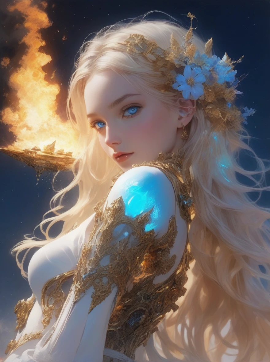 (covered in flowers:1.4), (1girl), blue eyes, night sky, robot joints, (raw flesh:1.3), (blonde hair:1.3), faize, fire and ice, (image split in half with multiple colours:2), (cogs attached to body:1.2), gold plates, blue eyes, sapphire, liquid metal, night sky, (looking at an angle:1.3), (fire and ice), ((ral-chrome)), (hair bow:1.4), (forest:1.3), (fog:1.3)