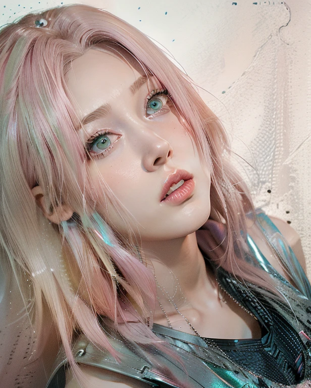 young woman, short shoulder-length pink hair, wide forehead, porcelain skin, pink eyebrows, big emerald green eyes, buttoned nose, full lips, heart-shaped face, slender body, small breasts, red tank top, Sakura Haruno , realistic, realism, details, 3d, well detailed
