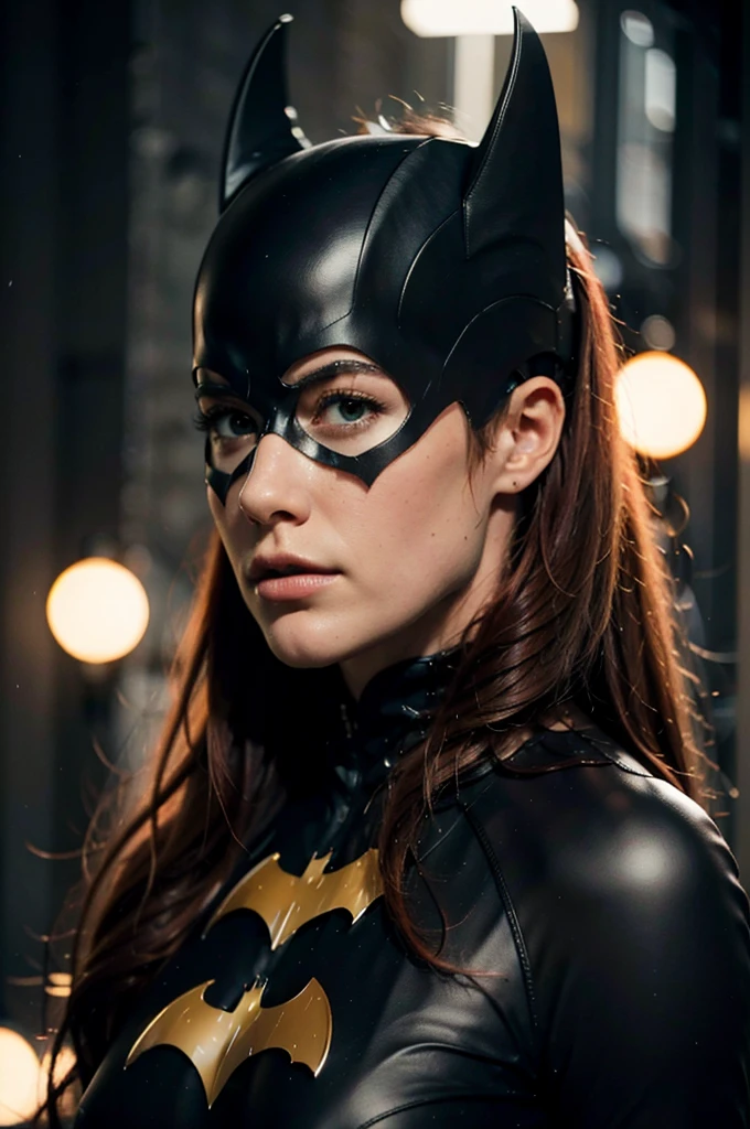 beautiful detail, best quality, 8k, highly detailed face and skin texture, high resolution, big tits red hair batgirl on street at night, darkest atmosphere, sharp focus