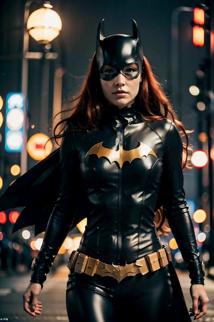 beautiful detail, best quality, 8k, highly detailed face and skin texture, high resolution, big tits red hair batgirl on street at night, darkest atmosphere, sharp focus
