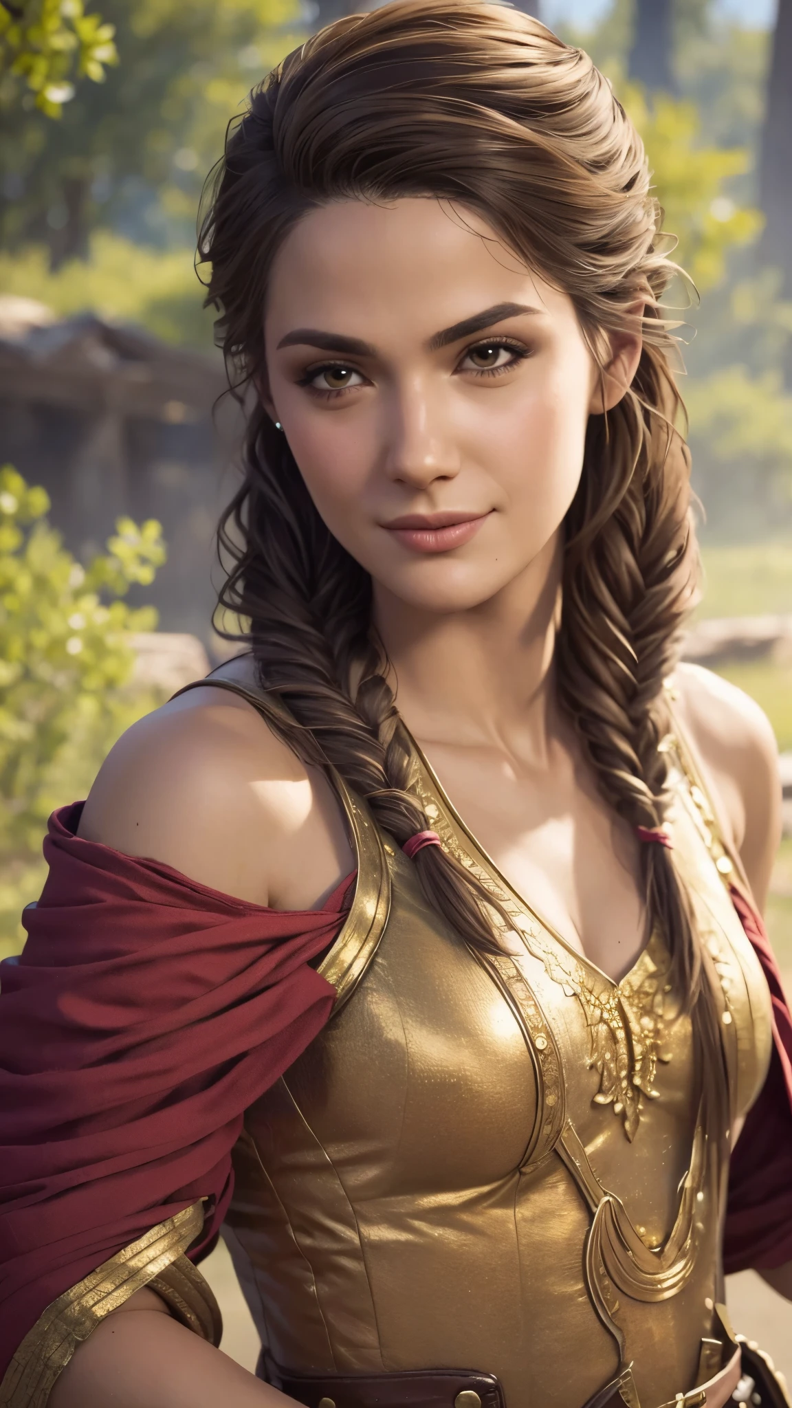 A woman in a gold dress and red cape posing for a picture - SeaArt AI