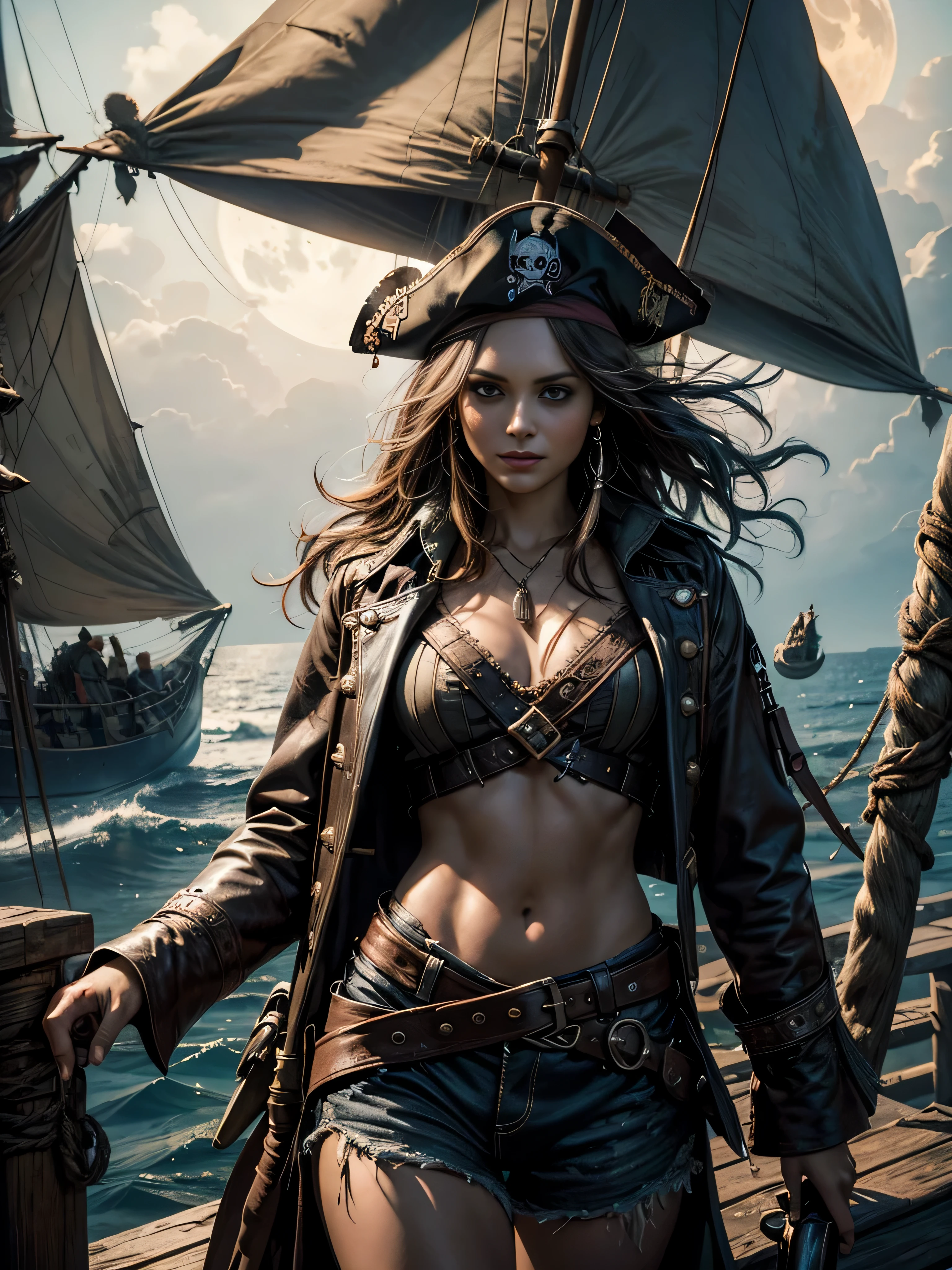 In a classic scene from a Caribbean pirate movie featuring a young girl wearing captain jack sparrow's outfit, the camera slowly pans across the misty, moonlit deck of a weather-beaten pirate ship. Suddenly, a figure emerges from the shadows, swaggering with a devil-may-care attitude. It's Captain Jack Sparrow, played by a girl, with her iconic smudged eyeliner, tattered pirate garb, and a mischievous grin. She tips her weathered tricorn hat to the moon, raises a flask of rum, and delivers a witty, enigmatic line that encapsulates her roguish charm and unpredictable nature. The scene captures the essence of Captain Jack Sparrow's legendary charisma and sets the tone for the thrilling adventures that follow,.(best quality,4k,8k,highres,masterpiece:1.2),ultra-detailed,realistic, HDR,UHD,studio lighting,ultra-fine painting,sharp focus,physically-based rendering,extreme detail description,professional,vivid colors,bokeh, portraits,psychological,