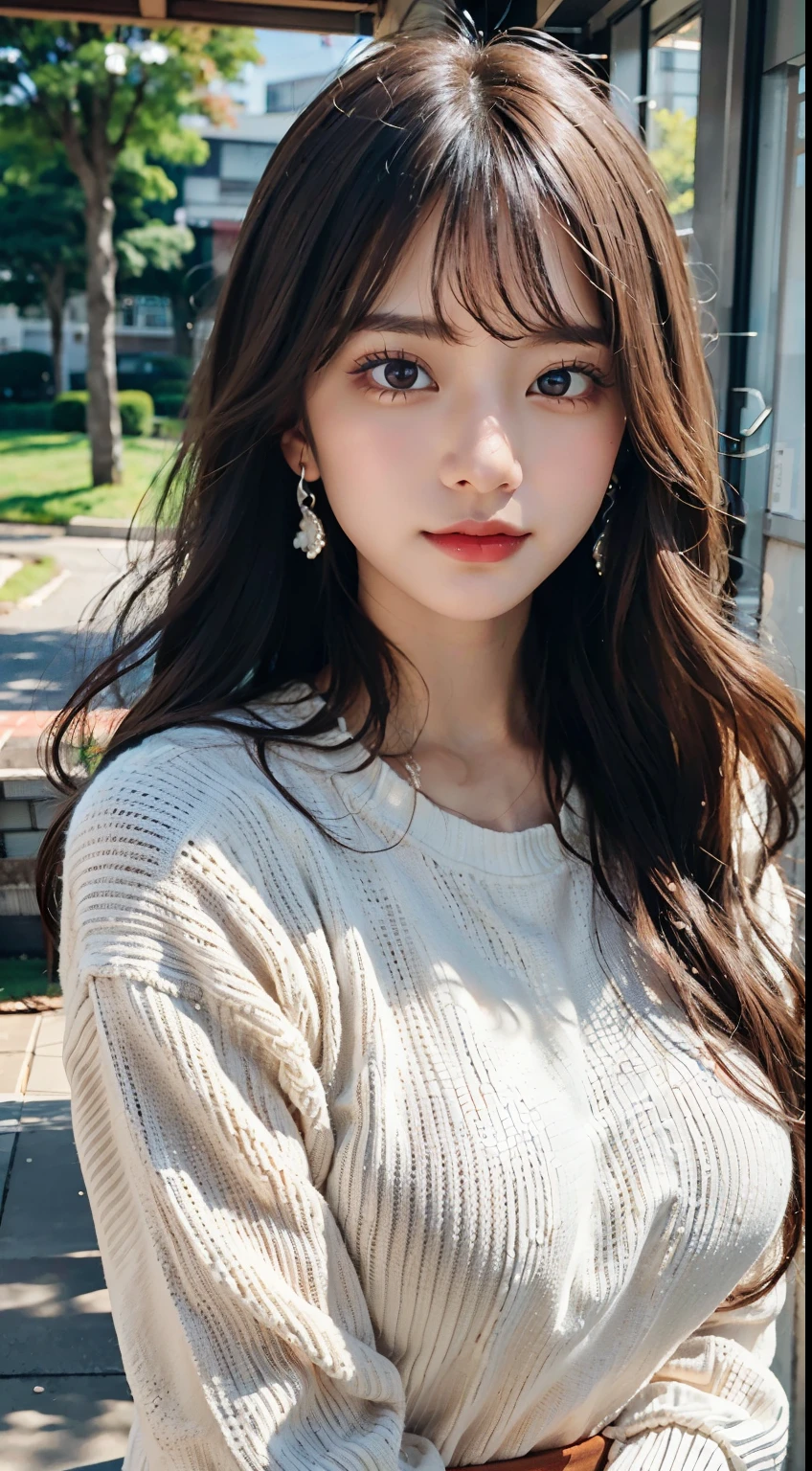 1 girl, Very bright backlight, alone, {Beautiful and detailed eyes},Autumn Day, Big ample breasts, Calm expression, Natural and soft light, silver hair fluttering in the wind, Delicate facial features, Blunt bangs, Beautiful Japanese Girl, Eye smile, Very small earrings, 29-year-old, ((Model pose)),(Colorful Hair, half red, Half brown hair:1.2), Fluffy grains, Real Hands, masterpiece, highest quality, Realistic, Very detailed, Finely detailed, High resolution,Brown messy hair, Perfect dynamic composition, Beautiful fine details, Asian Girl,((Feeling anxious and embarrassed.)),Sharp focus, beauty mix, Film Girl,smile,(Wearing a sexy oversized knit sweater,meanwhile:1.3),cowboy_shot