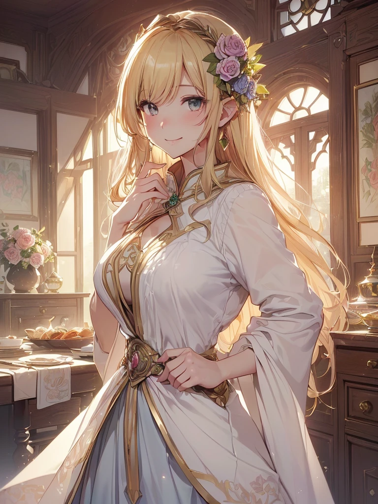 最high quality、Best image quality、masterpiece、Beautiful Face、、Titania、Super beautiful elf girl((22 year old office lady big bust、Bust 90,Beautiful long ironed hair、blonde、height: 165cm。thin、Beautiful dress、cowboy shot,、Esbian、dinner、dinner、Sumptuous cuisine、a lotの食べ物、table、tea、spring、Sunrise、night、star、Milky Way、starrynight.high quality、美しいart、、Pieces fly、ビジュアルart、Depth of written border、flowerの冠、ライトのmagic、universe、Happy smile、gentle lights、Beautiful Forest、、、elegant、ticker beautiful decorative、、、mystery的な Rosa、Rose、 null、art、Lord of the Ring、Spectacular scenery、sexy、A friendly smile、Wonderful nature、universeのmagic、magicのライト、Fantasy、flower、super REALITYa lotのRose、magic、Grow Fantasy、、mysteryのライト、Art Nouveau、Alphonse a lot、、art、art,mystery,UHD,magicalgentle light,sexy
