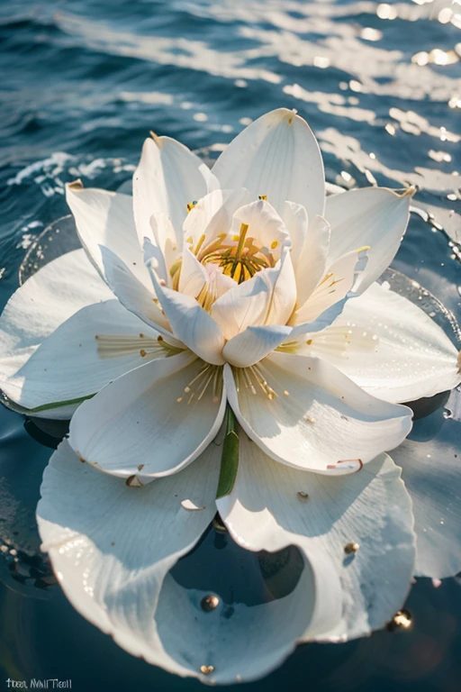 una flor de loto blanca en un mar cristalino