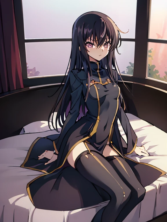 (nswf:1.3)、masterpiece, best quality, 1 girl,solo,codegeass,lelouch,Feminization、Feminization,18-year-old、 Straight Hair、Long Hair、Black Hair、beautiful purple eyes、Beautiful Hair、170cm, Small waist、Beautiful body、Beautiful breasts、Show the whole body 、Black Dresini skirt:1.2)、Black Stockings、full body、Long, slender legs、girl sitting、bedroom