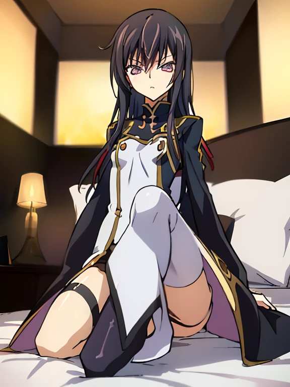 (nswf:1.3)、masterpiece, best quality, 1 girl,solo,codegeass,lelouch,Feminization、Feminization,18-year-old、 Straight Hair、Long Hair、Black Hair、beautiful purple eyes、Beautiful Hair、170cm, Small waist、Beautiful body、Beautiful breasts、Show the whole body 、Black Dresini skirt:1.2)、Black Stockings、full body、Long, slender legs、girl sitting、bedroom