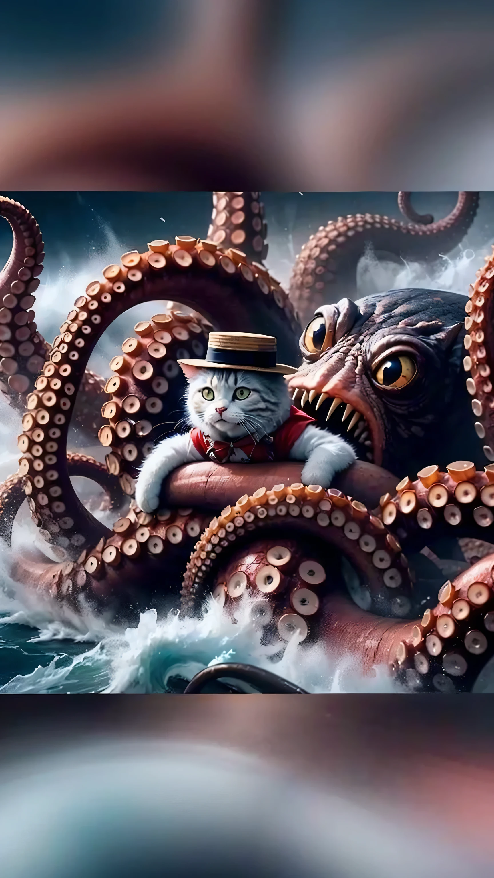 ultra realistic, masterpiece, best quality, raw photo, 8k
Cute cat, panicked face, wearing straw hat, red coat, octopus is wrapping the cat with tentacles