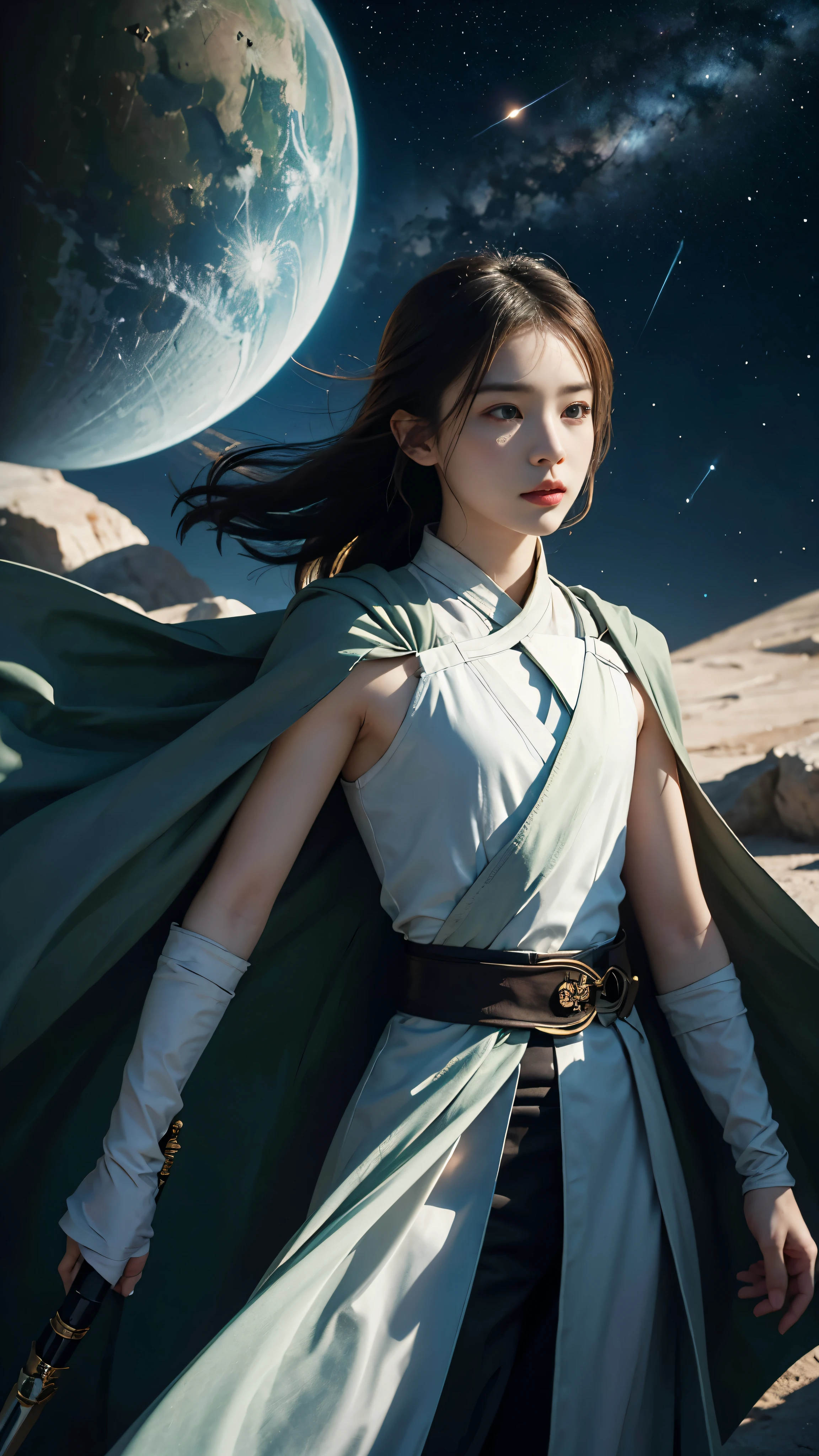 The young Jedi Master's pale skin and sharp features radiate a fiery aura.、Clearly visible under dramatic lighting。His costume cast a long shadow on the small planet's platform.、They are ready with a confident and determined look on their face.。The distant stars and shining planets in the background create a grand and mysterious atmosphere.、The energy of the scene is palpable and inspiring。
