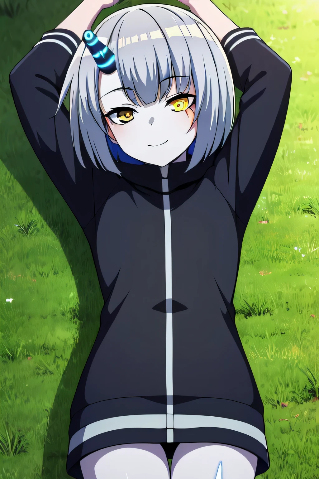 (extremely detailed CG unity 8k wallpaper),(masterpiece),(best quality),(ultra-detailed),(best illustration),(best shadow),(absurdres), atar, single horn, horns, yellow eyes, short hair, heterochromia, glowing, colored sclera, grey hair, black sclera, bangs, outdoors, colored skin, hair ornament, hairclip,1girl, solo, on back, arms up, spread arms lying, on grass (cowboy shot:1.5), black jacket, smile,