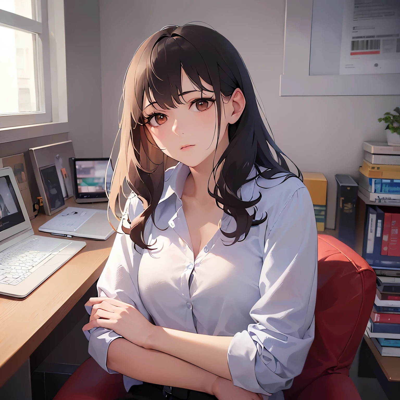 side angle, (looking away:1.5), Upper Body, Realistic, real person, (pale skin: 1.2), RAW photo, photorealistic, portrait photography, shiny skin, shiny hair、(25 year old woman with medium hair with bangs) and (wavy hair) and (brown hair) and (orange eyes) ,(white collared shirt), Expressionless, Background is an office room、Alone、Sitting、computer
