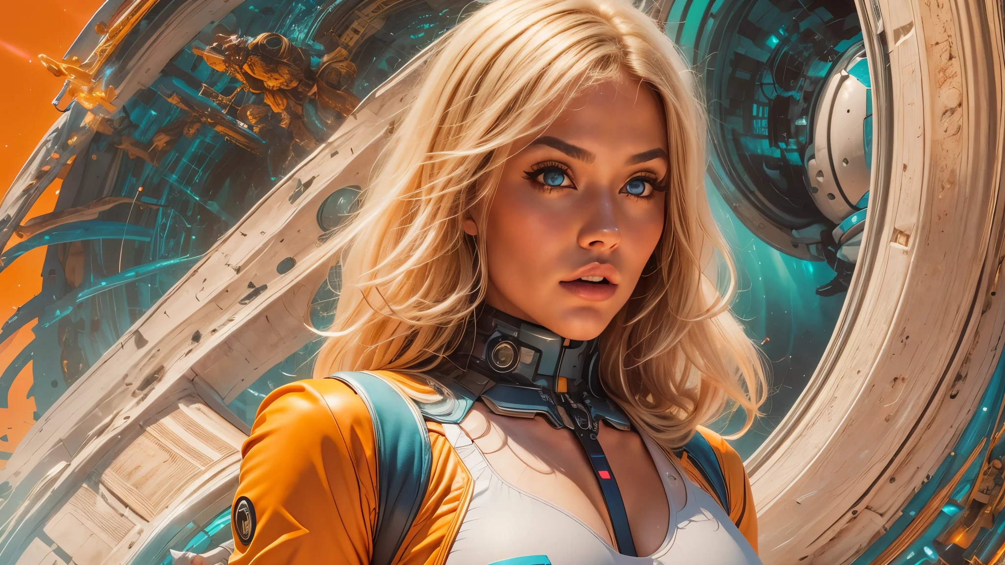 arafed image of a white woman in a futuristic suit with a spaceship in the background, movie art, in front of an orange background, inspired by Robert McGinnis, female protagonist, megastructure in the background, portrait of an ai astronaut, astronauts, an astronaut, portrait of a astronaut skeletor, perfect android girl, detailed eyes, perfectly detailed teeth, frank franzzeta and sakimichan  