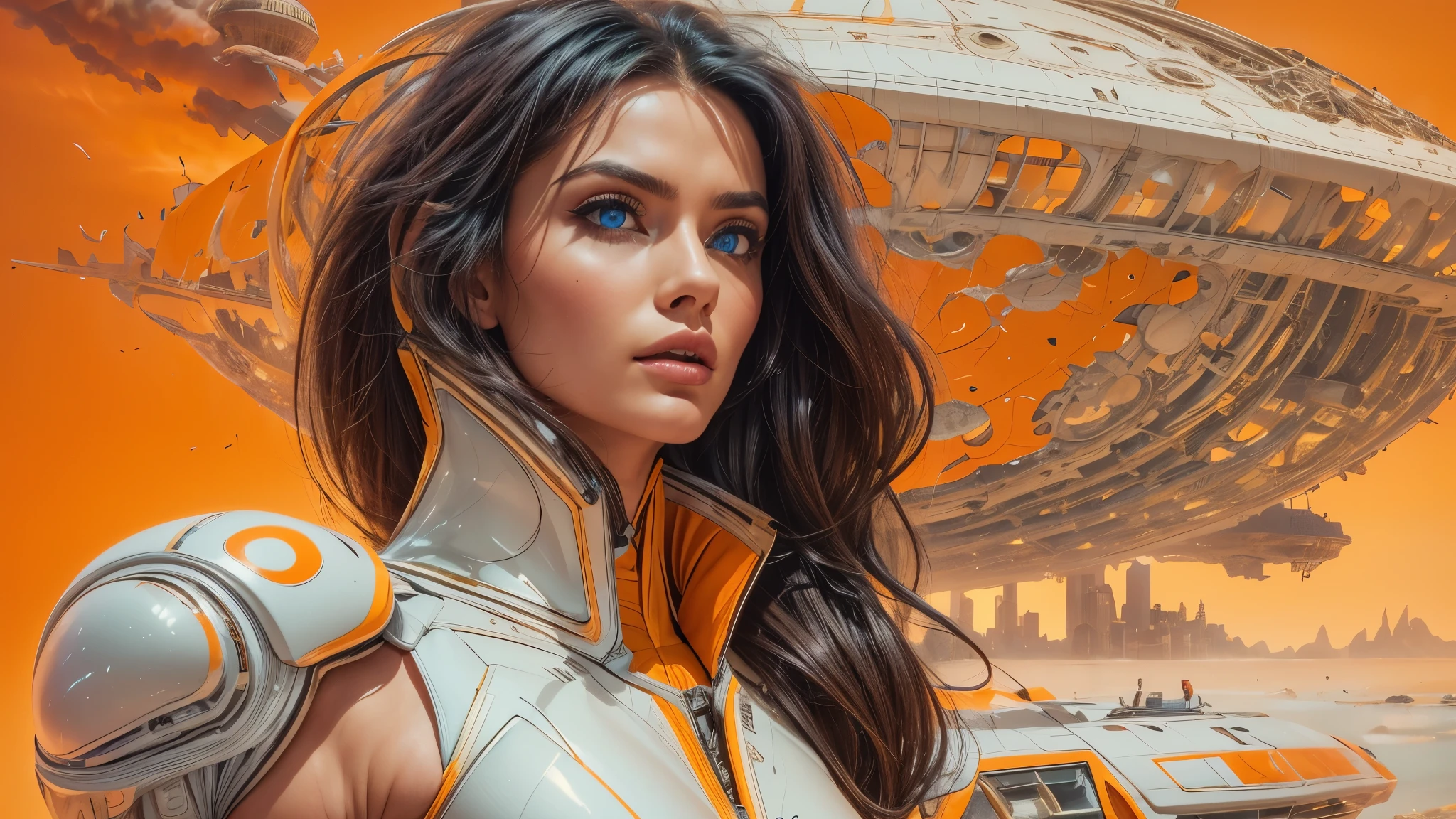 arafed image of a white woman in a futuristic suit with a spaceship in the background, movie art, in front of an orange background, inspired by Robert McGinnis, female protagonist, megastructure in the background, portrait of an ai astronaut, astronauts, an astronaut, portrait of a astronaut skeletor, perfect android girl, detailed eyes, perfectly detailed teeth, frank franzzeta and sakimichan